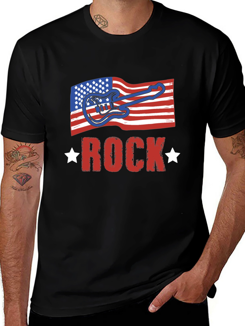 American Flag Rock Guitar Black T-Shirt
