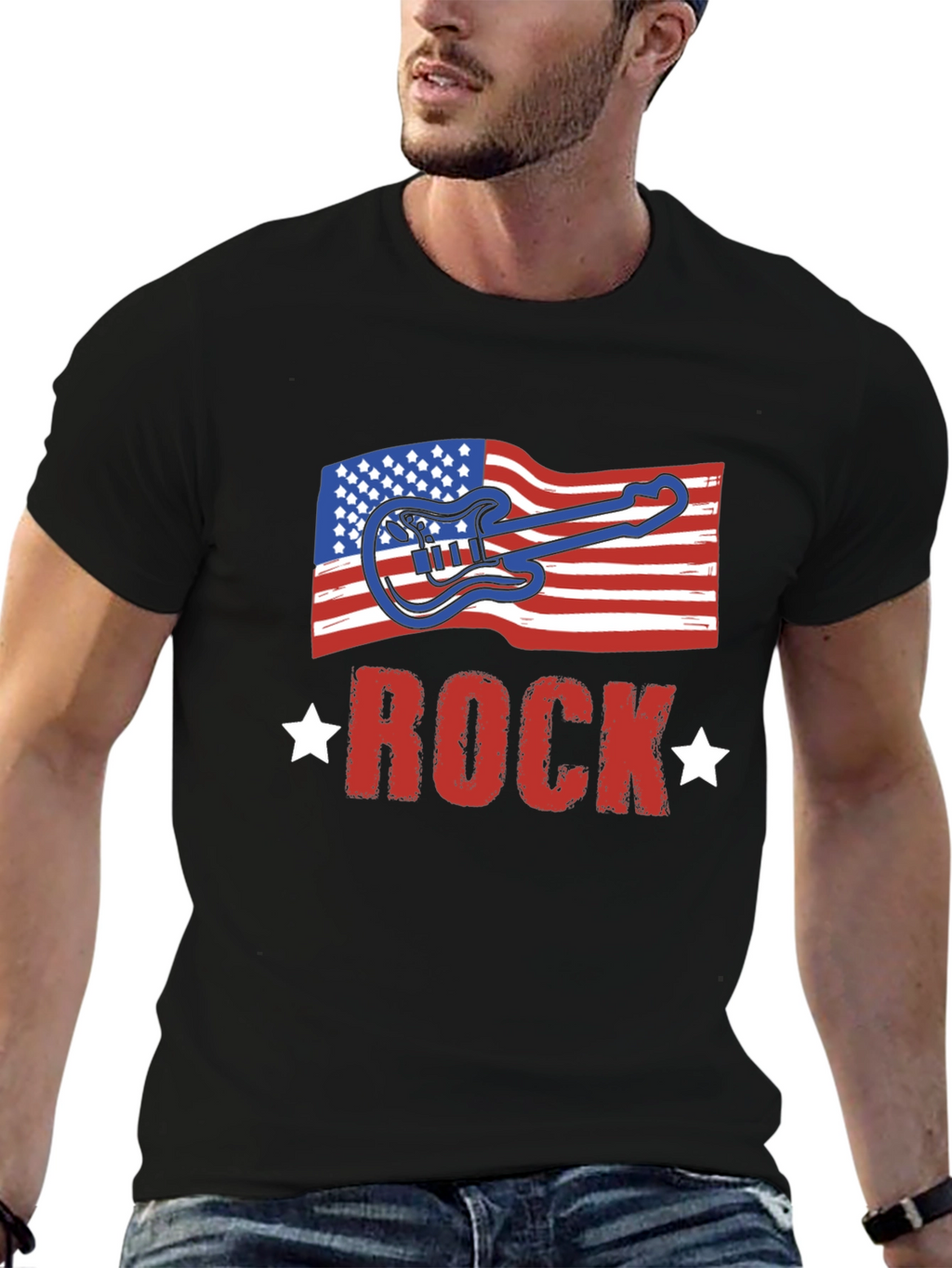 American Flag Rock Guitar Black T-Shirt