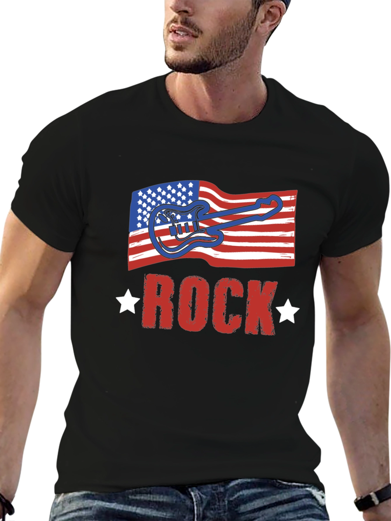 American Flag Rock Guitar Black T-Shirt
