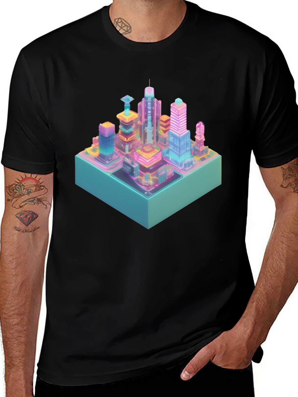 Cyberpunk City T-Shirt - Isometric Neon Design
