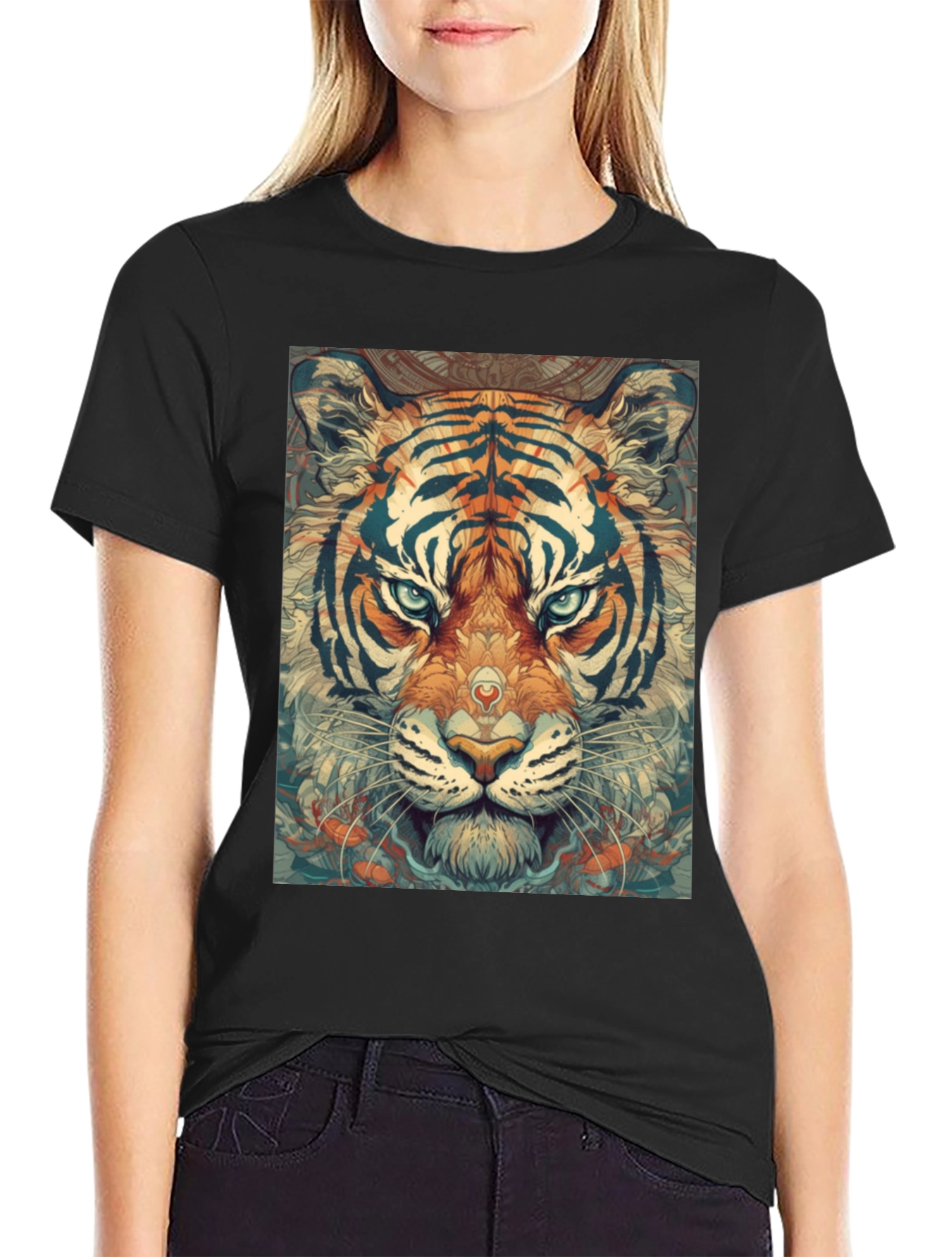 Tiger Face Graphic Print Black T-Shirt