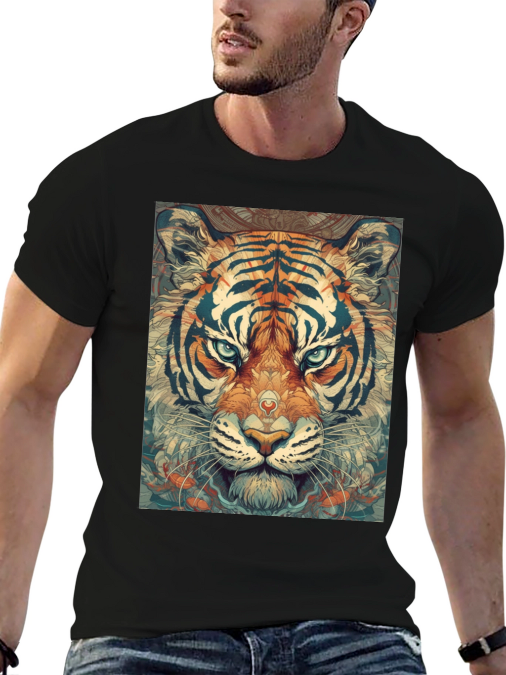 Tiger Face Graphic Print Black T-Shirt