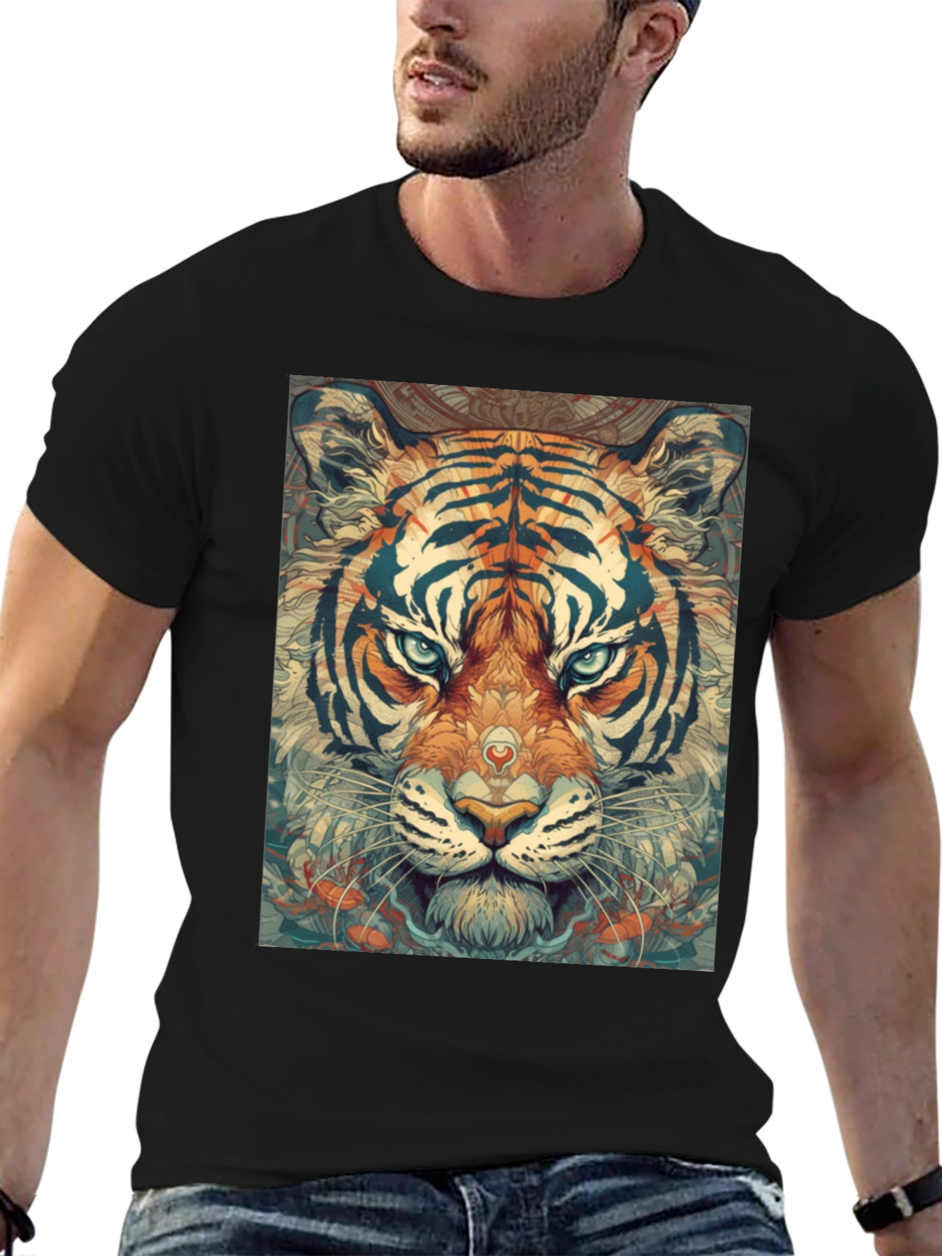 Tiger Face Graphic Print Black T-Shirt
