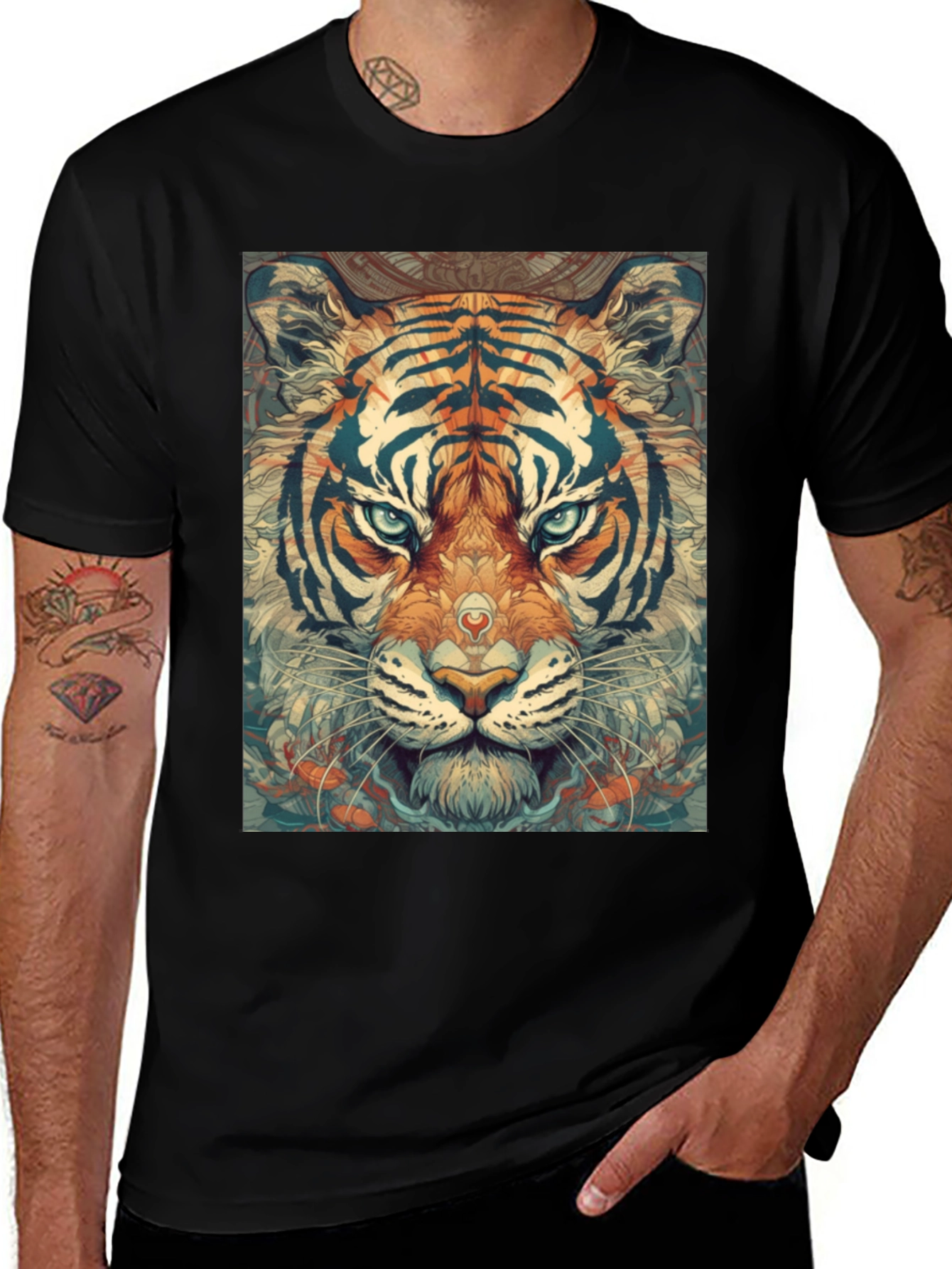 Tiger Face Graphic Print Black T-Shirt