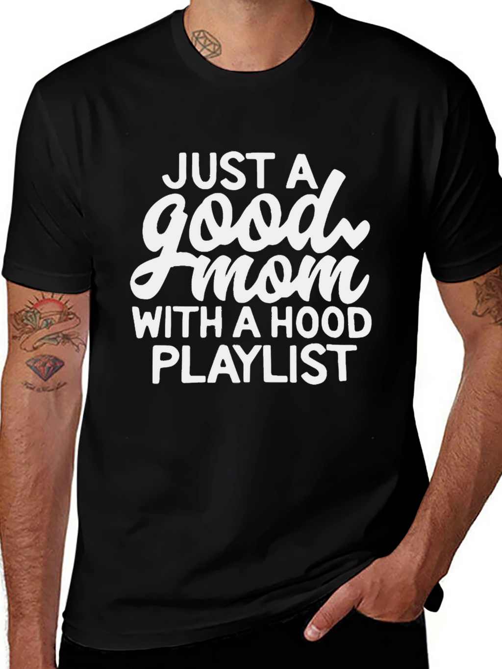 Good Mom Hood Playlist Black Graphic T-Shirt