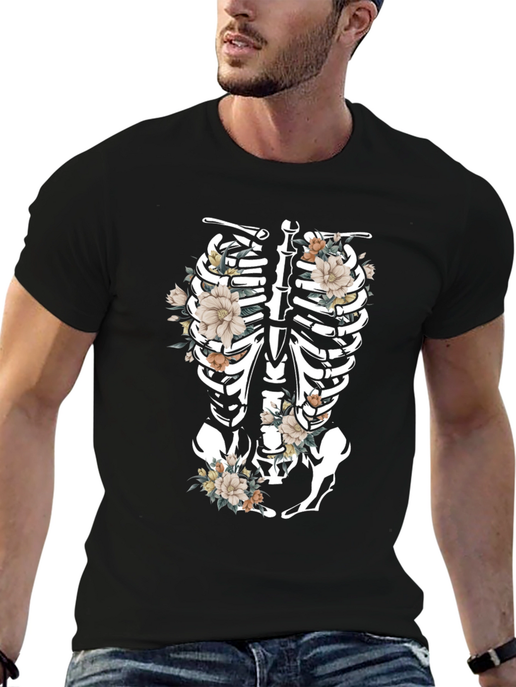 Floral Skeleton Rib Cage Graphic T-Shirt