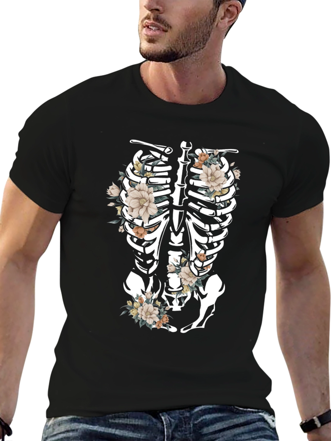 Floral Skeleton Rib Cage Graphic T-Shirt
