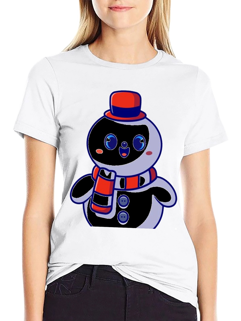 Cute Cartoon Snowman Graphic Black T-Shirt