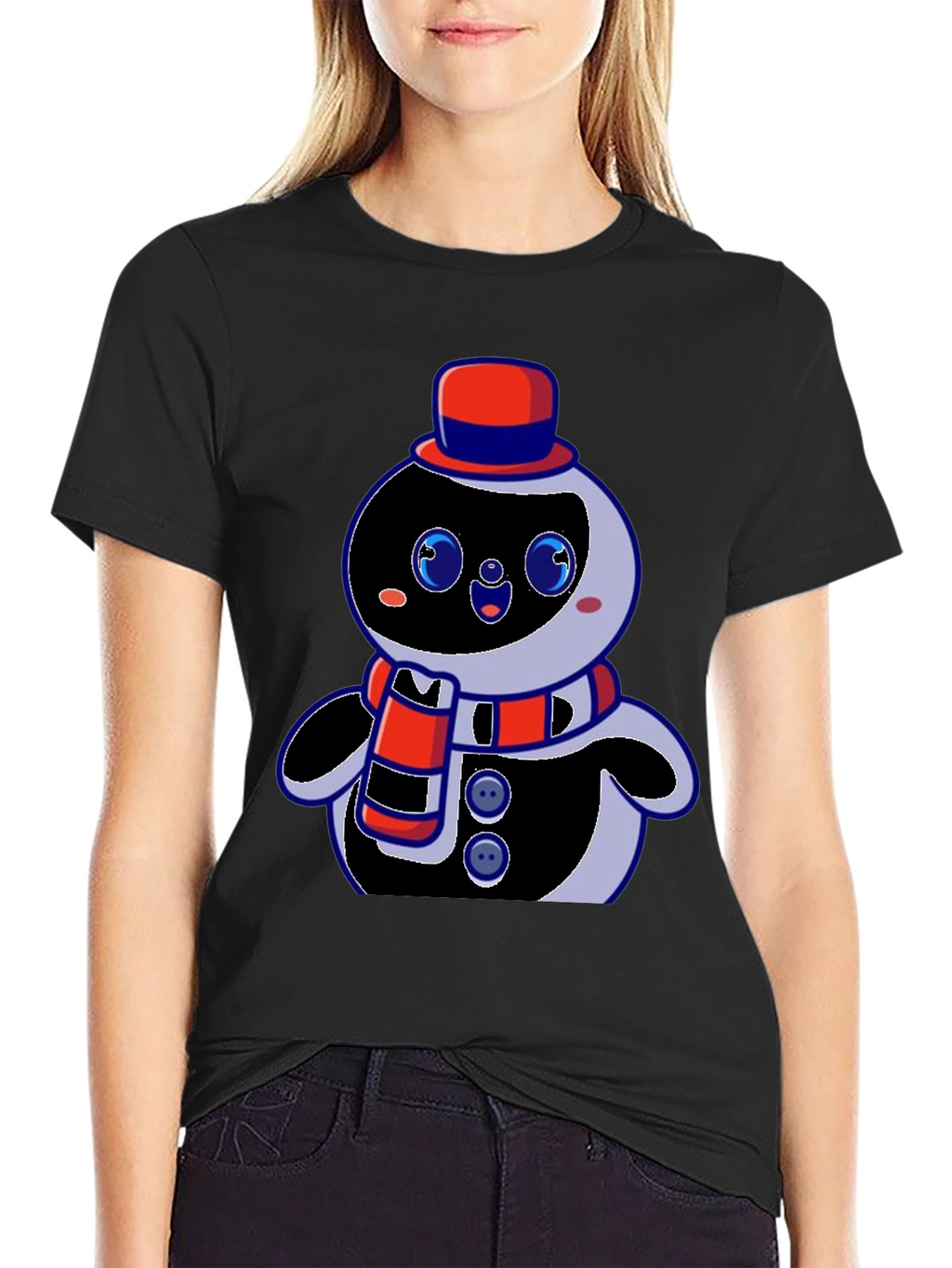 Cute Cartoon Snowman Graphic Black T-Shirt