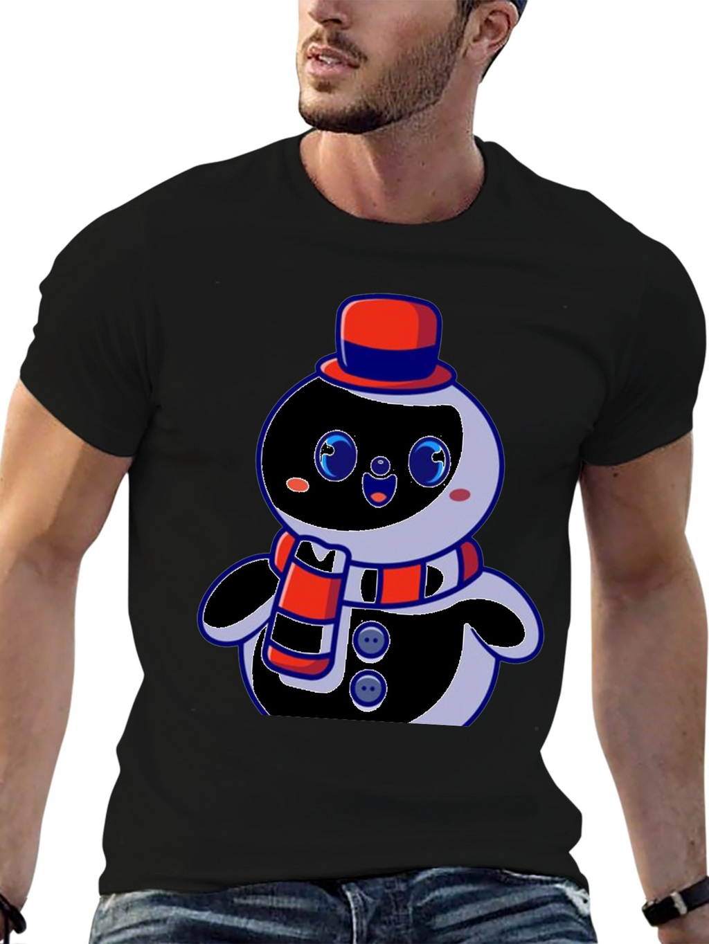 Cute Cartoon Snowman Graphic Black T-Shirt