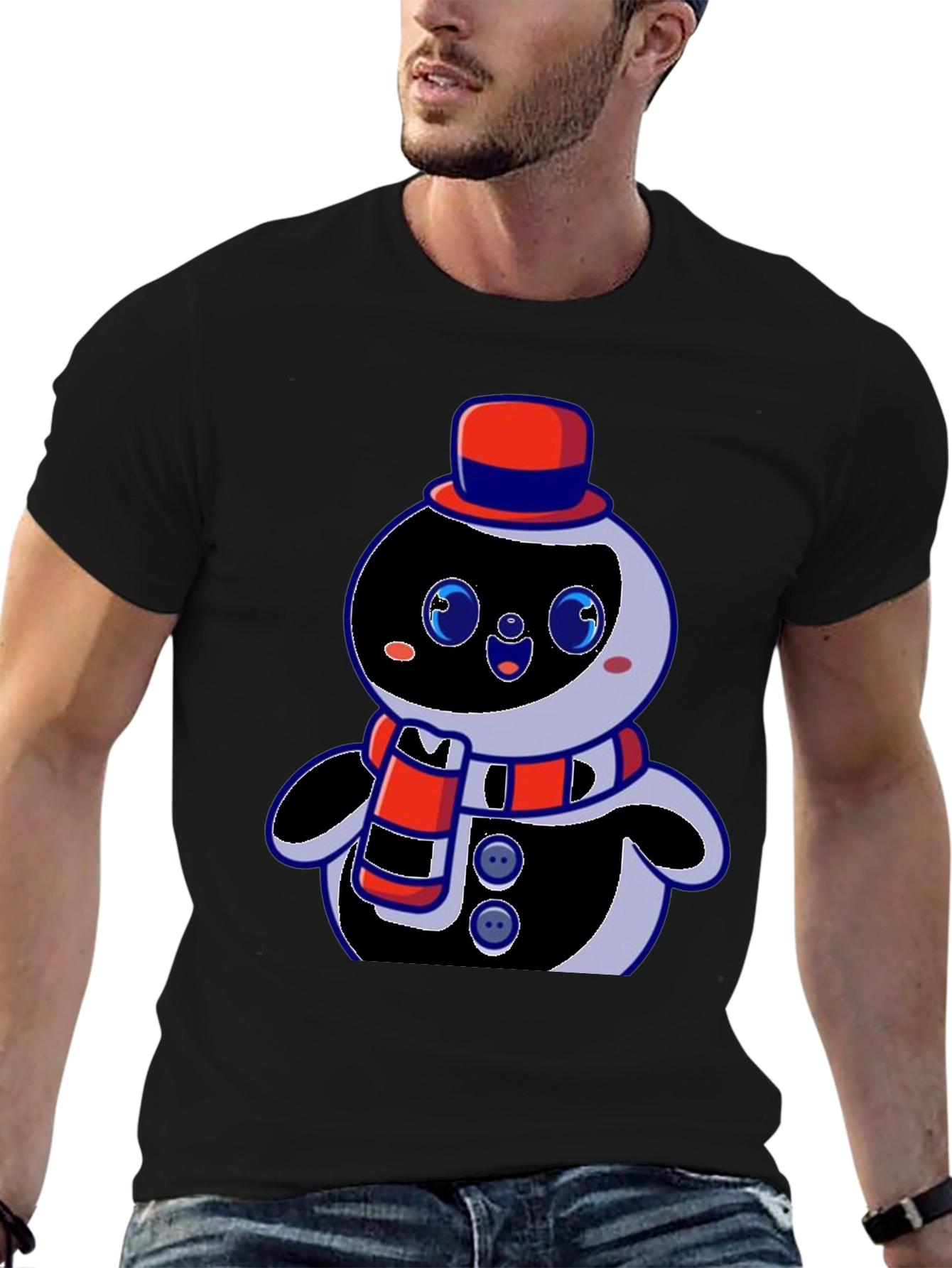Cute Cartoon Snowman Graphic Black T-Shirt