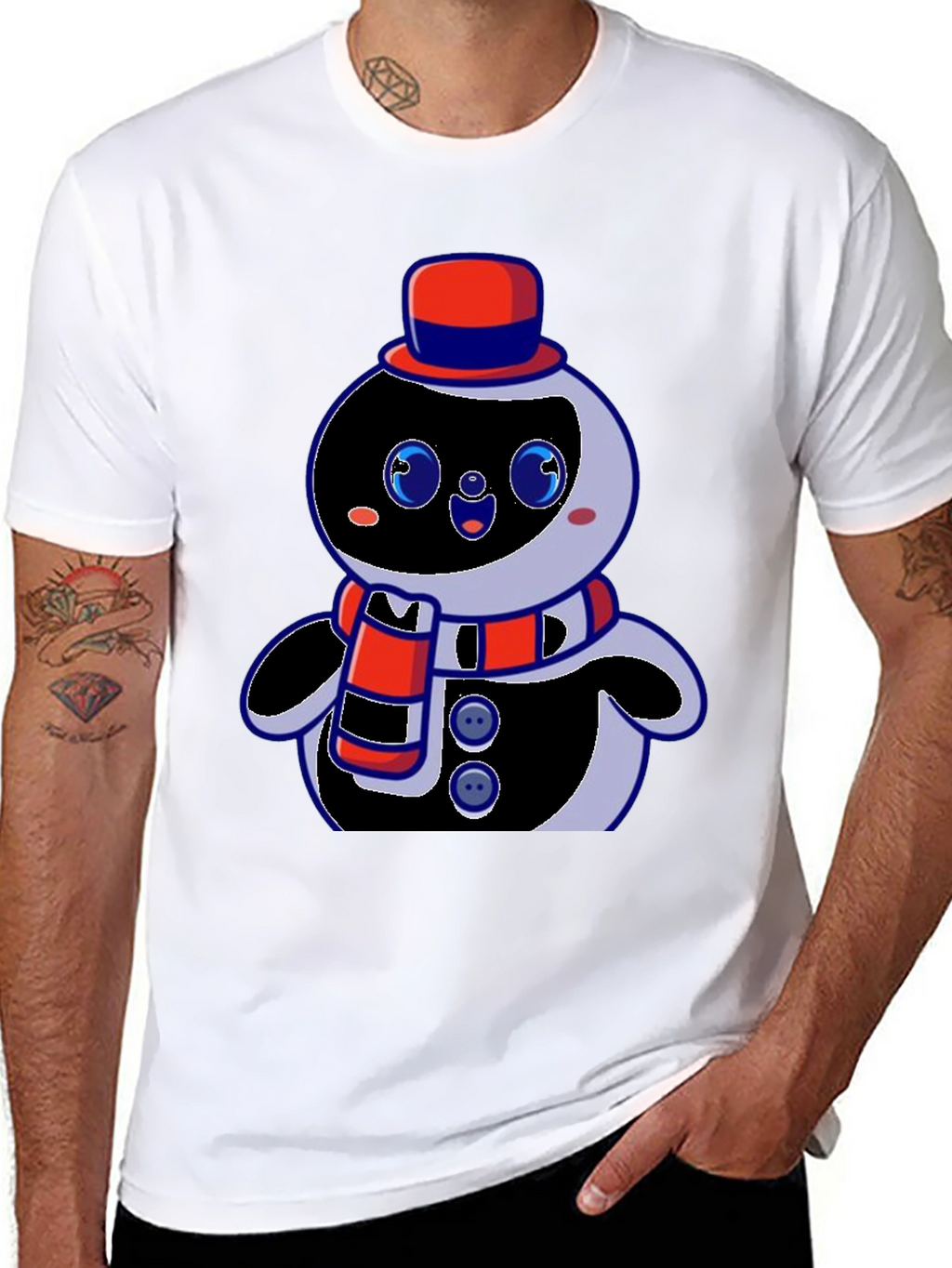 Cute Cartoon Snowman Graphic Black T-Shirt