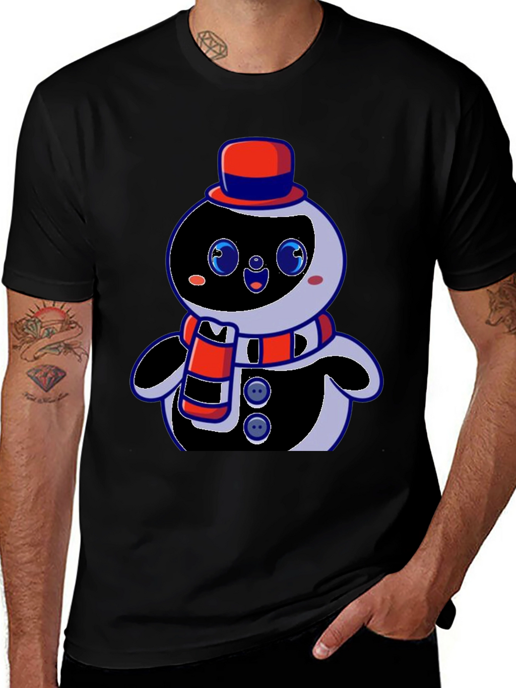 Cute Cartoon Snowman Graphic Black T-Shirt
