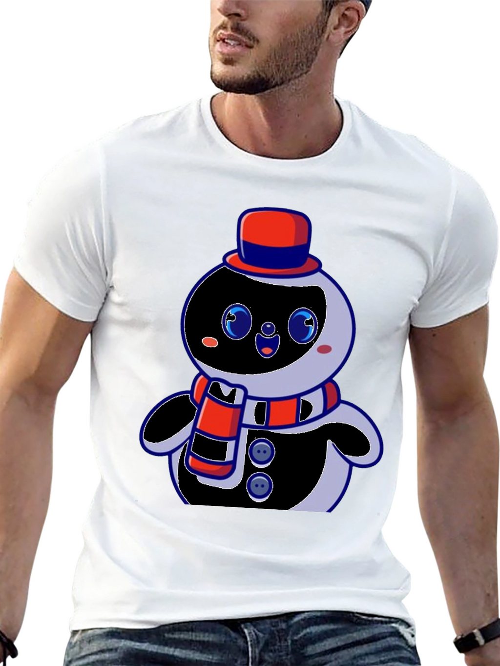 Cute Cartoon Snowman Graphic Black T-Shirt