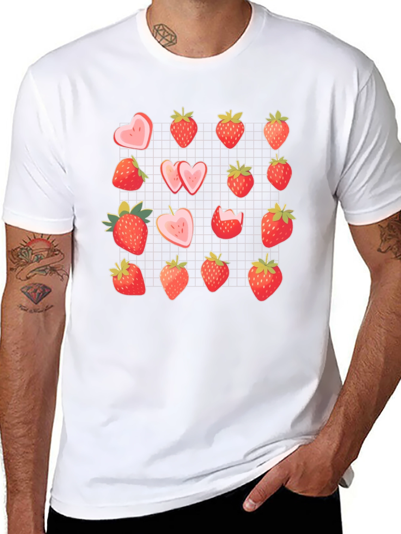 Strawberry Pattern Black T-Shirt