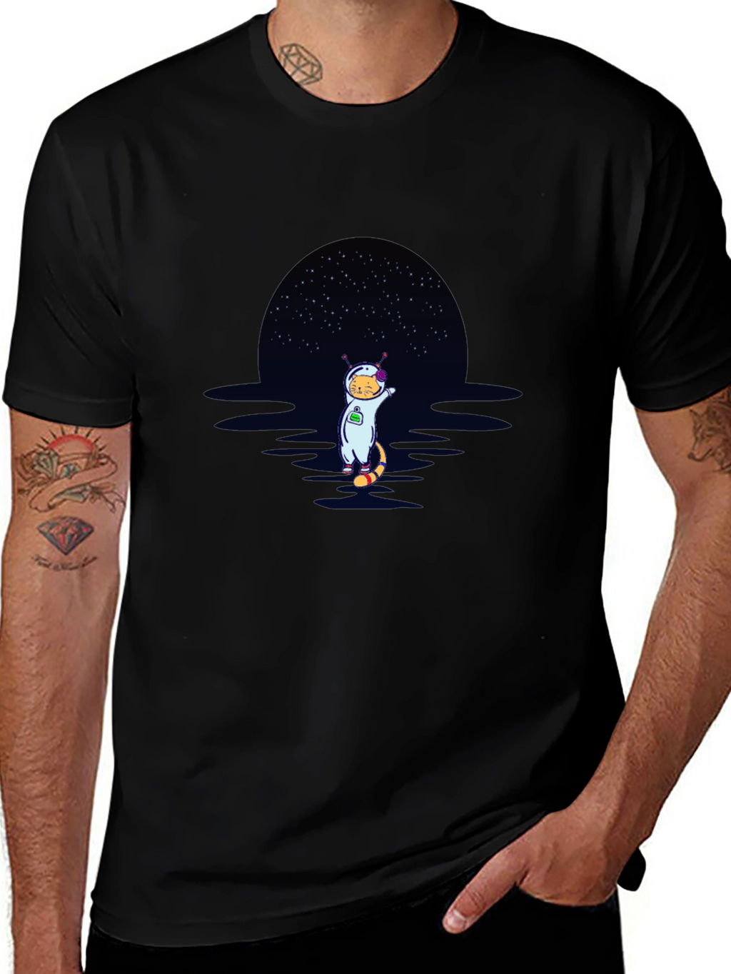 Cat Astronaut Graphic T-Shirt - Black