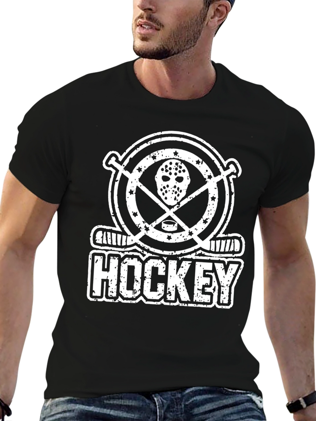 Hockey Mask & Sticks Graphic Tee - Distressed Design