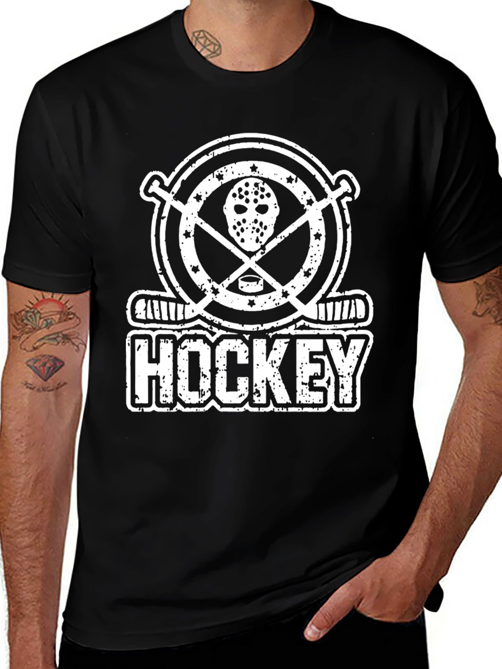 Hockey Mask & Sticks Graphic Tee - Distressed Design