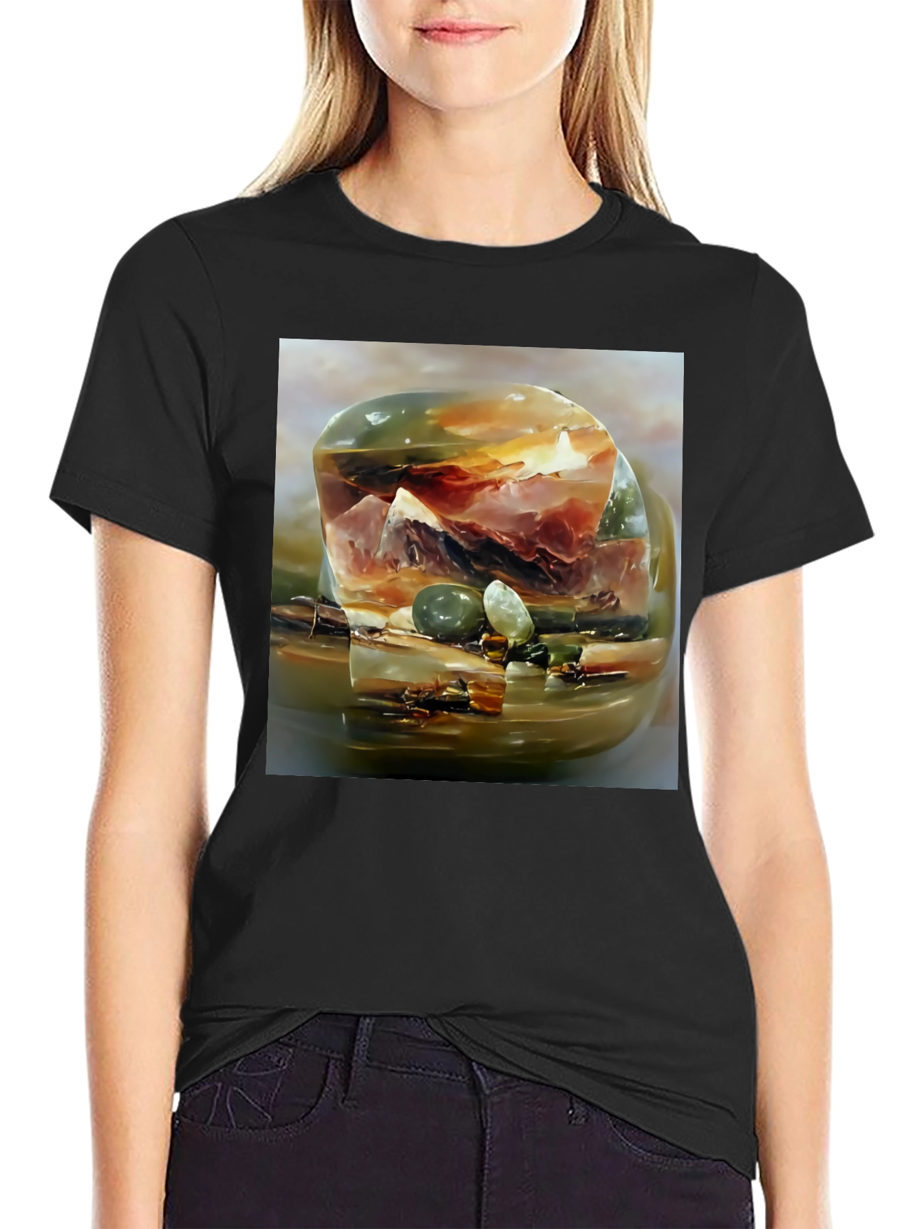 Abstract Gemstone Print Black T-Shirt