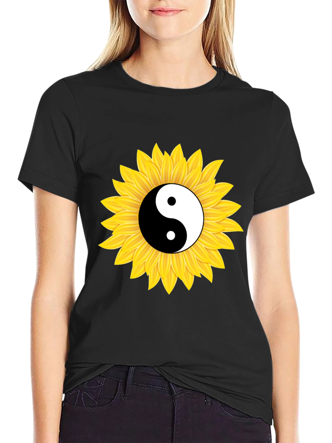 Yin Yang Sunflower Black T-Shirt