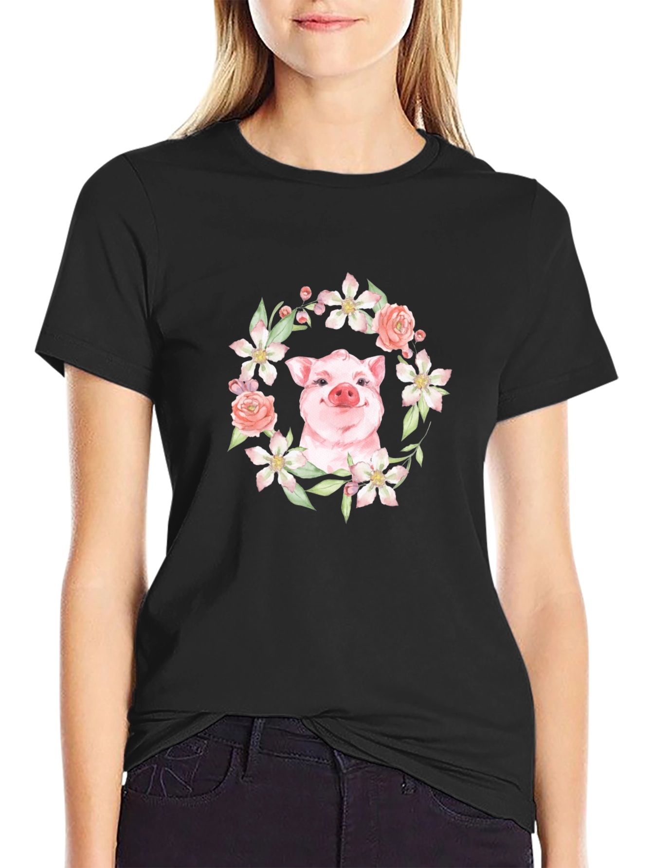 Floral Pig Graphic Tee - Unique Print Design