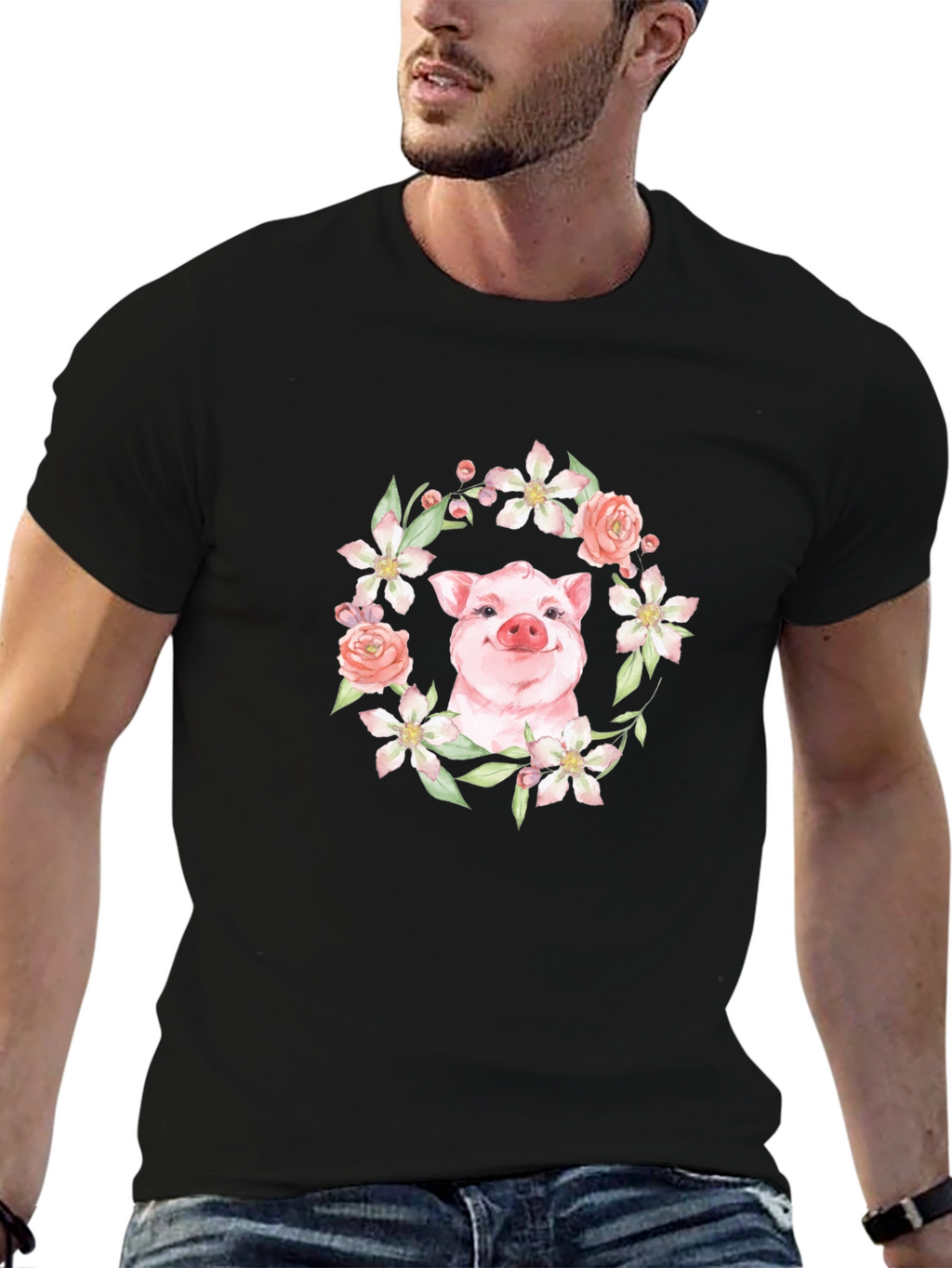 Floral Pig Graphic Tee - Unique Print Design