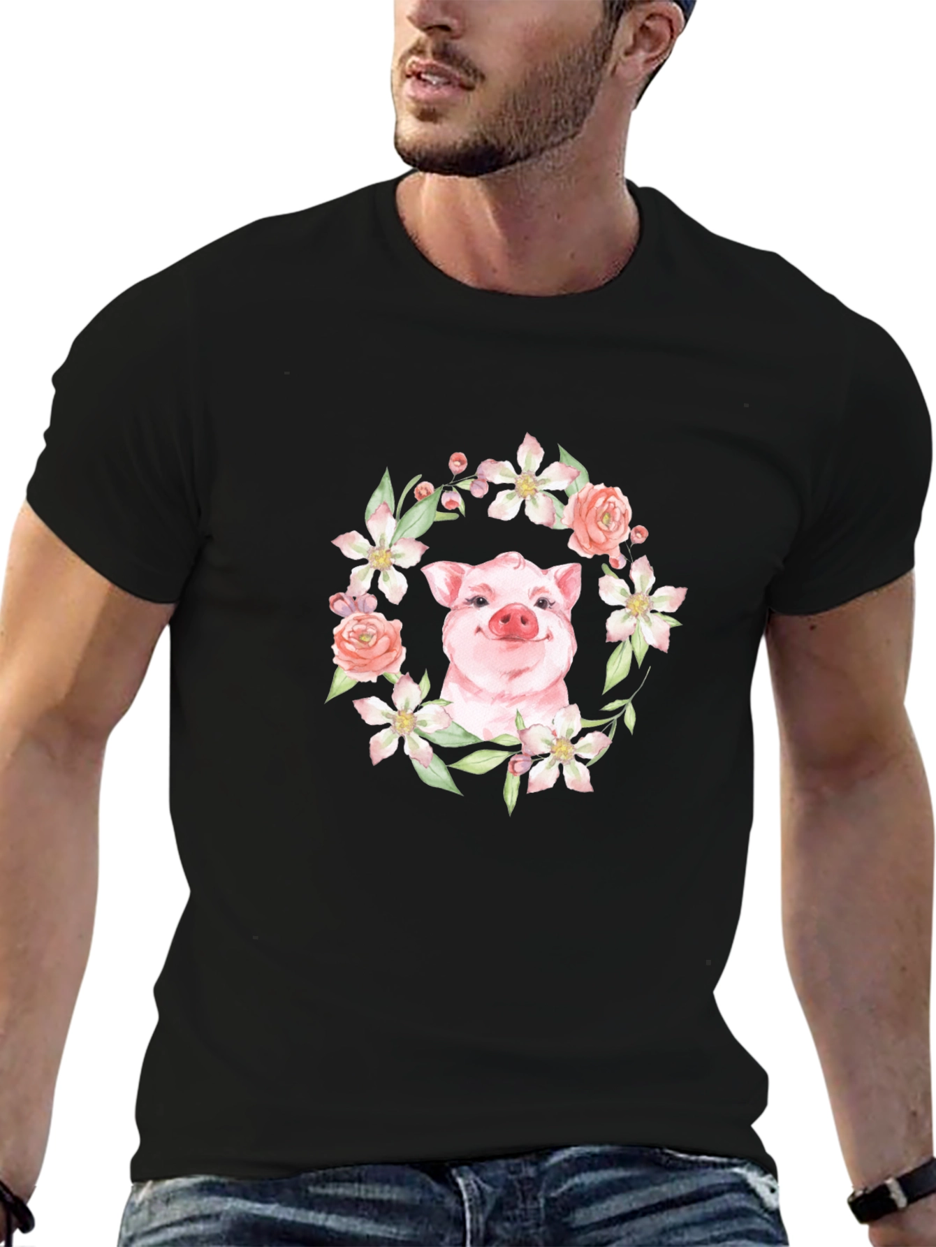 Floral Pig Graphic Tee - Unique Print Design