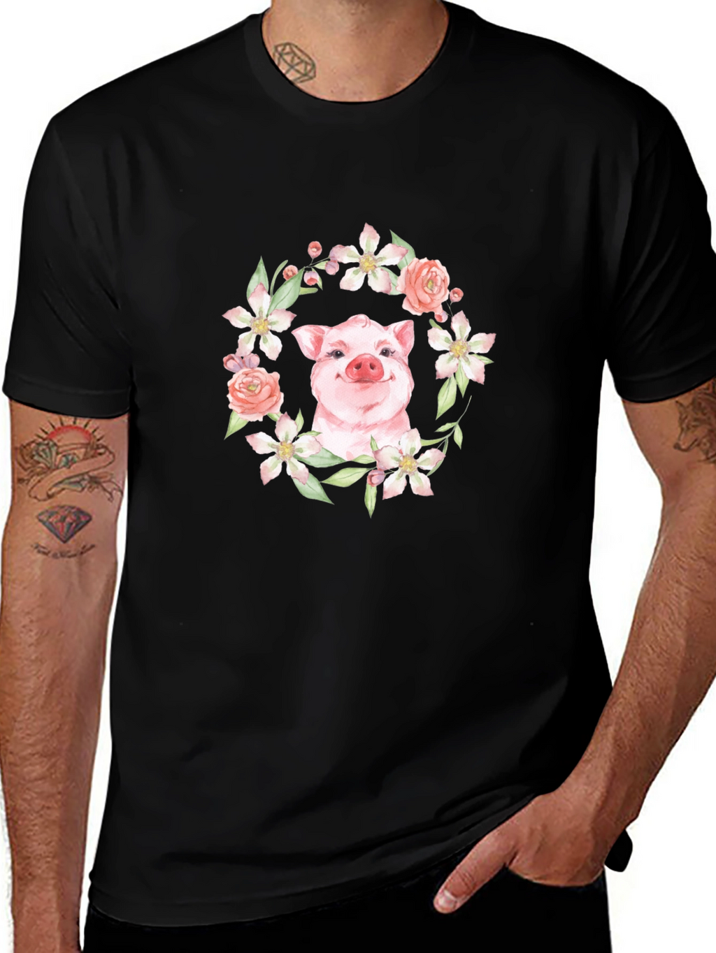 Floral Pig Graphic Tee - Unique Print Design