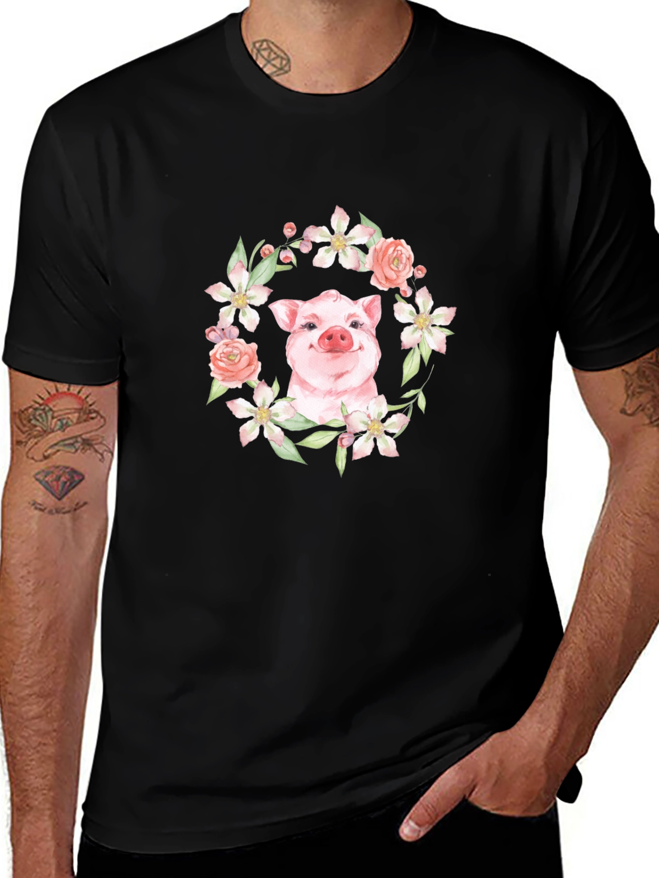Floral Pig Graphic Tee - Unique Print Design