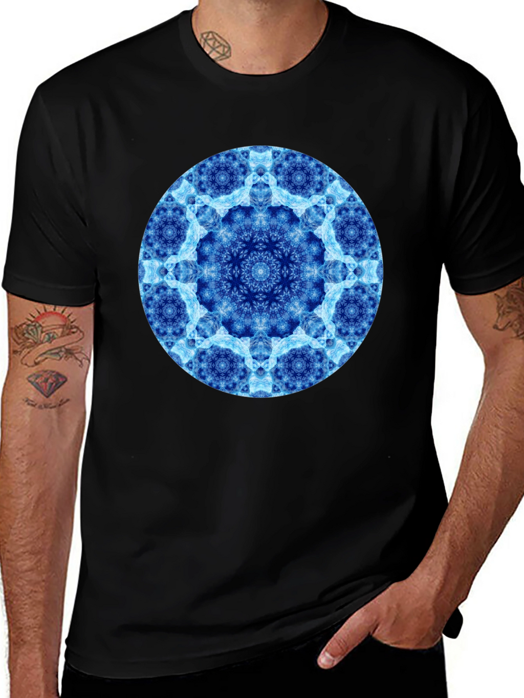 Blue Mandala Circle Graphic Black T-Shirt