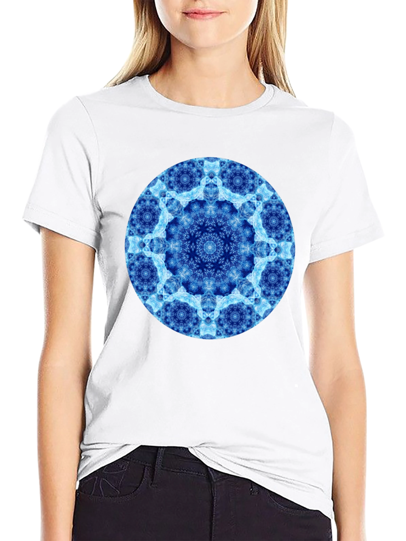 Blue Mandala Circle Graphic Black T-Shirt
