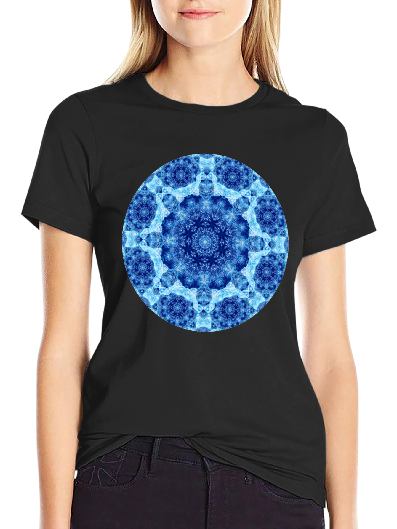 Blue Mandala Circle Graphic Black T-Shirt