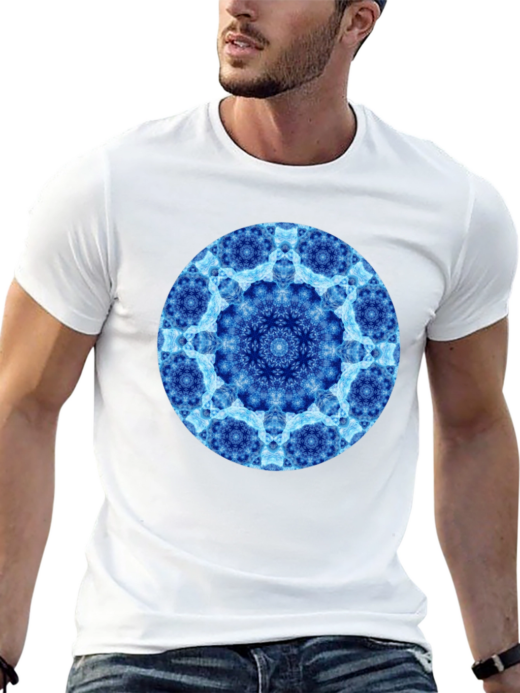 Blue Mandala Circle Graphic Black T-Shirt
