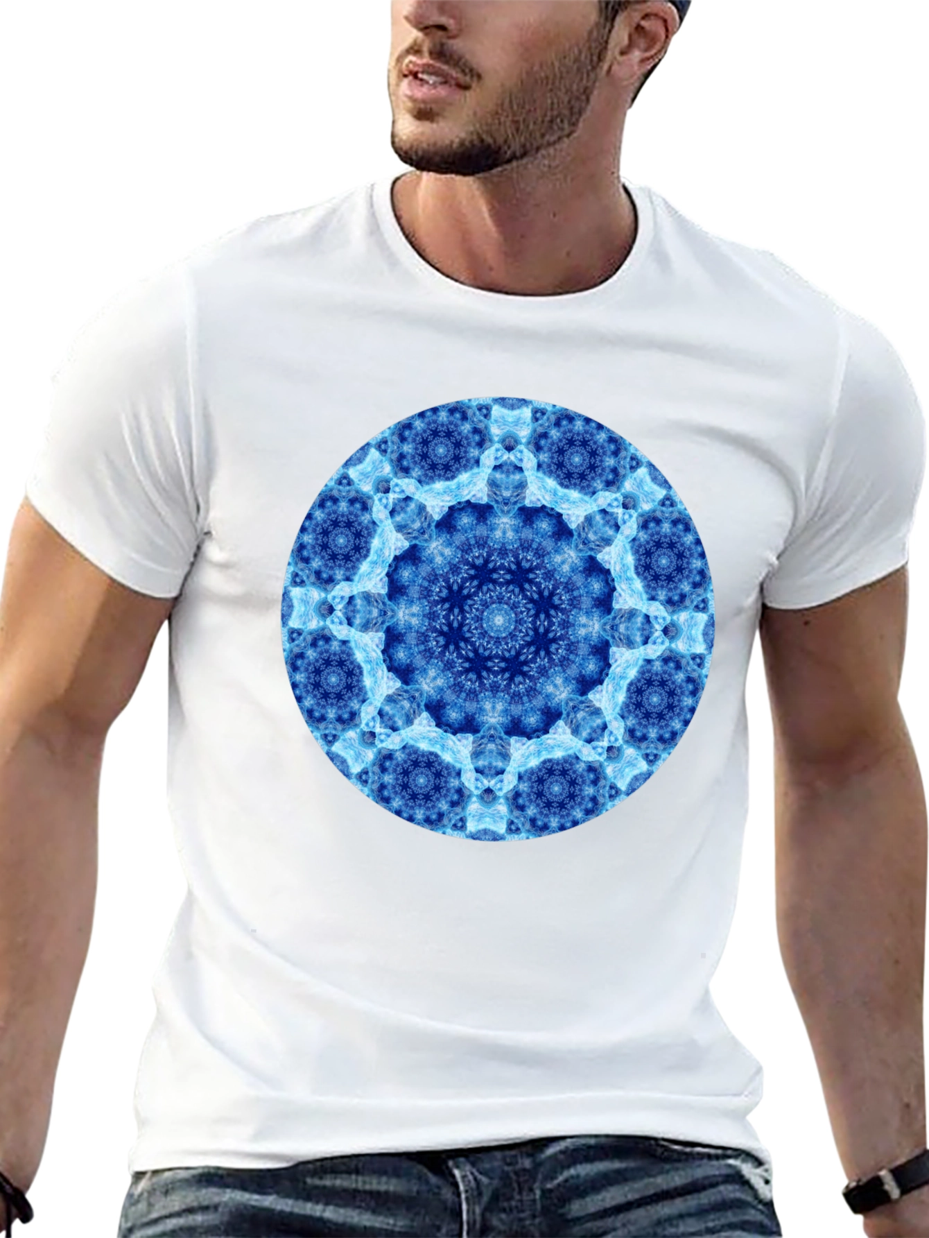 Blue Mandala Circle Graphic Black T-Shirt