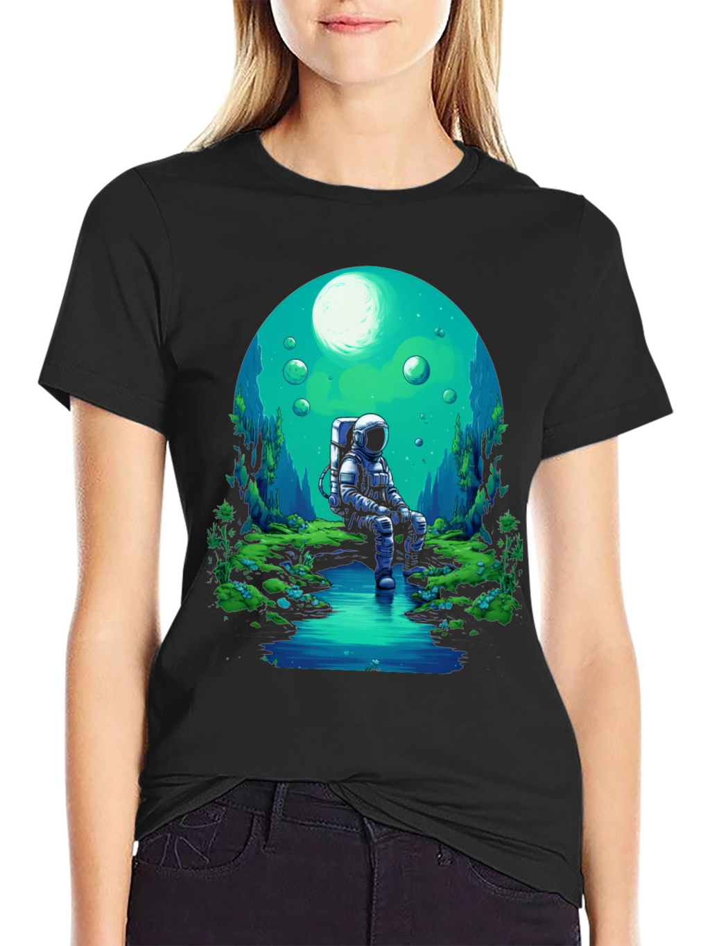Astronaut in Nature Black T-Shirt
