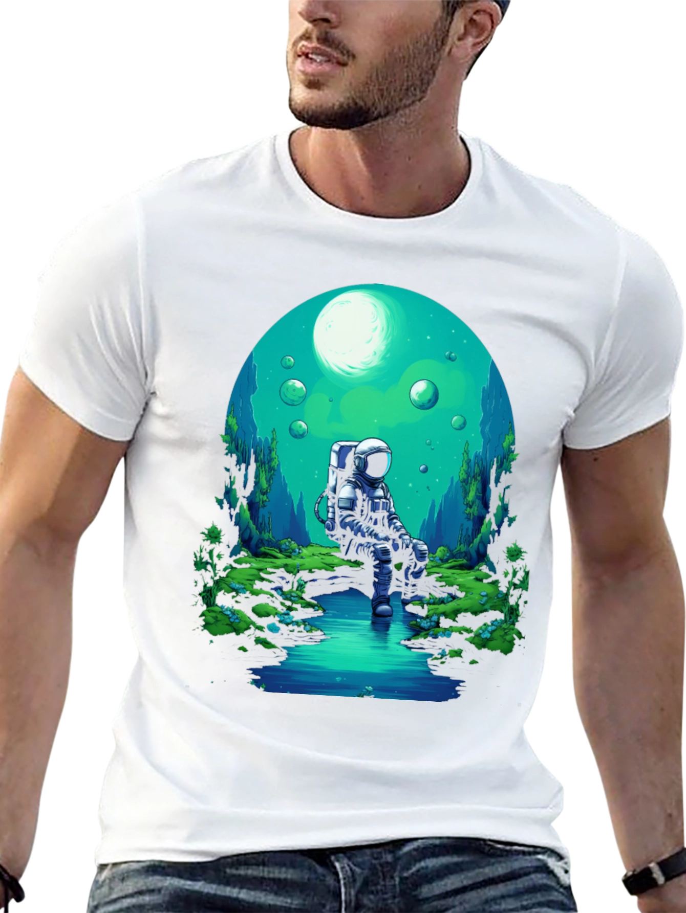 Astronaut in Nature Black T-Shirt