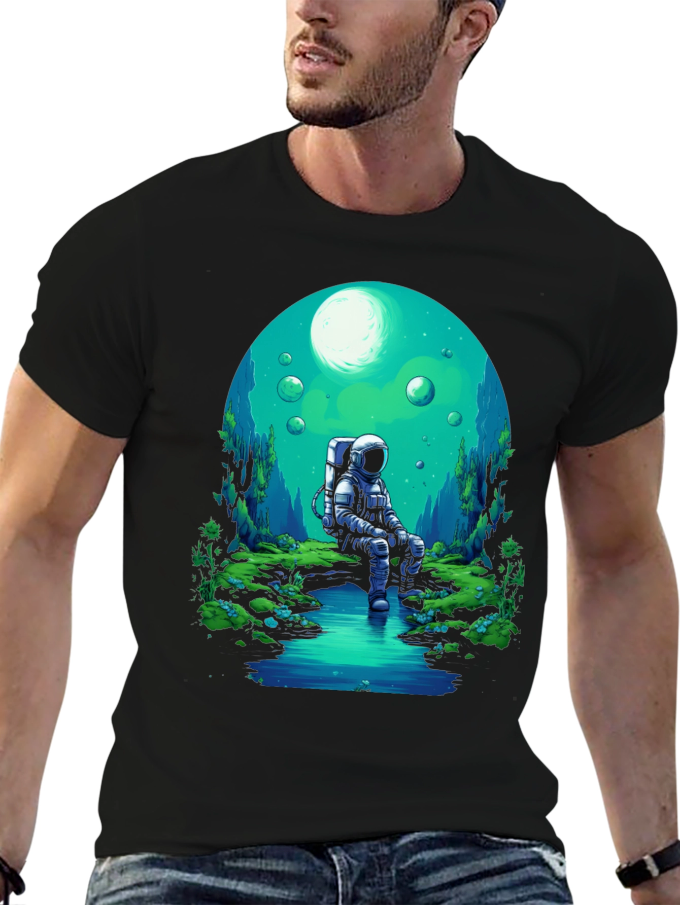 Astronaut in Nature Black T-Shirt