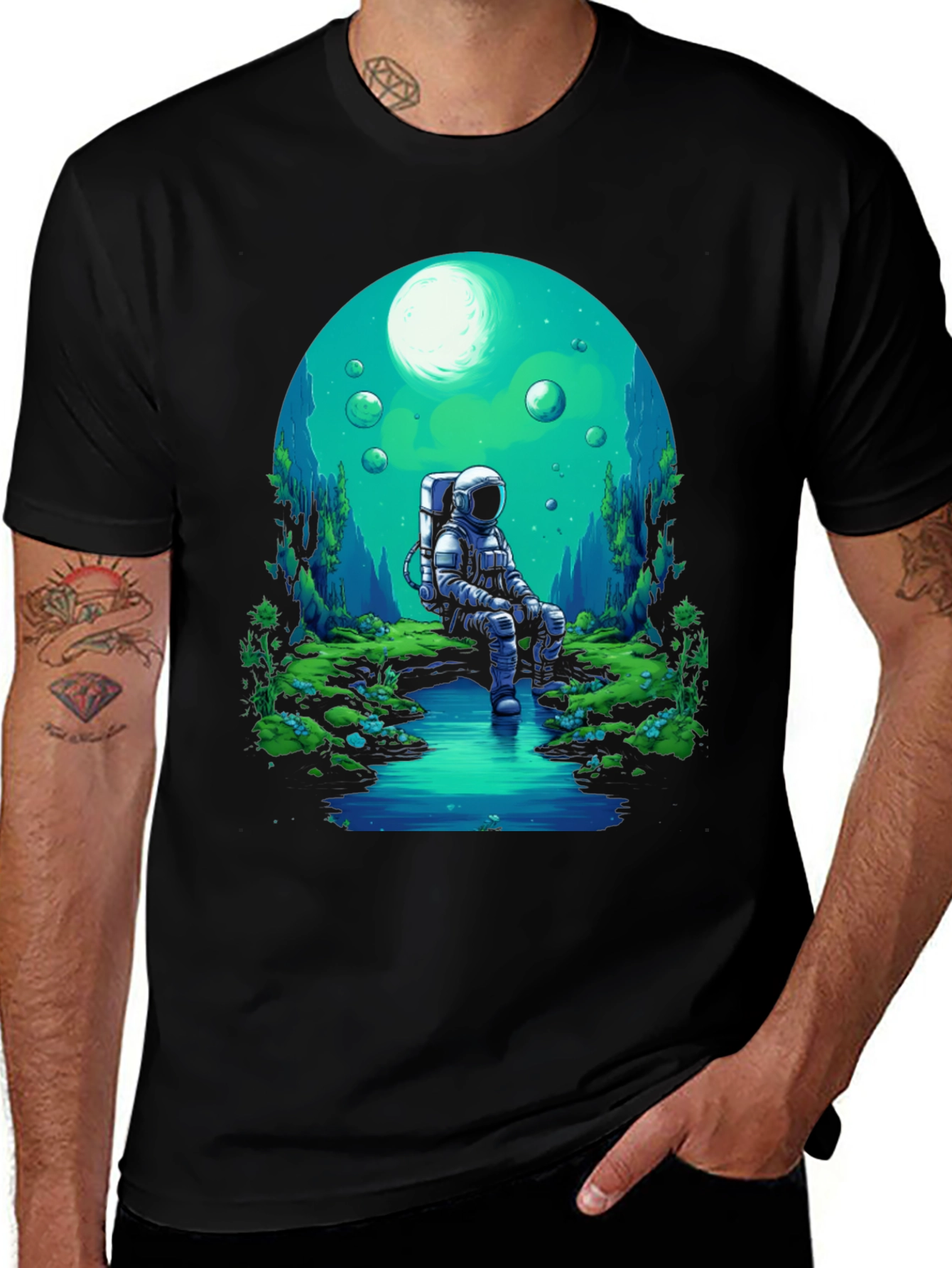 Astronaut in Nature Black T-Shirt