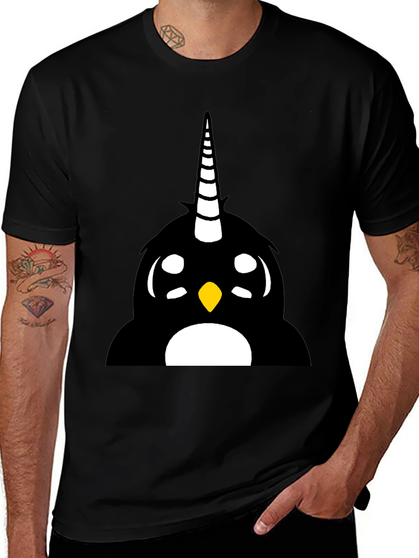 Unicorn Penguin Graphic Tee - Black Cotton Blend Shirt