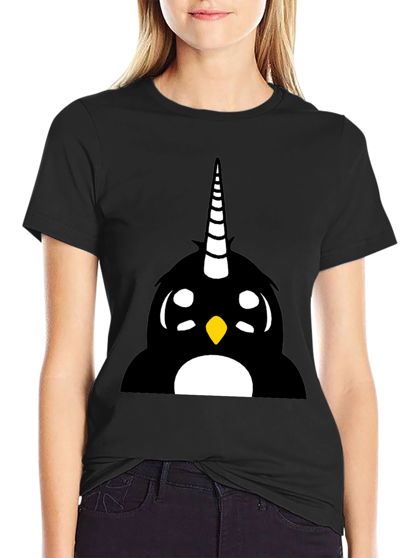 Unicorn Penguin Graphic Tee - Black Cotton Blend Shirt