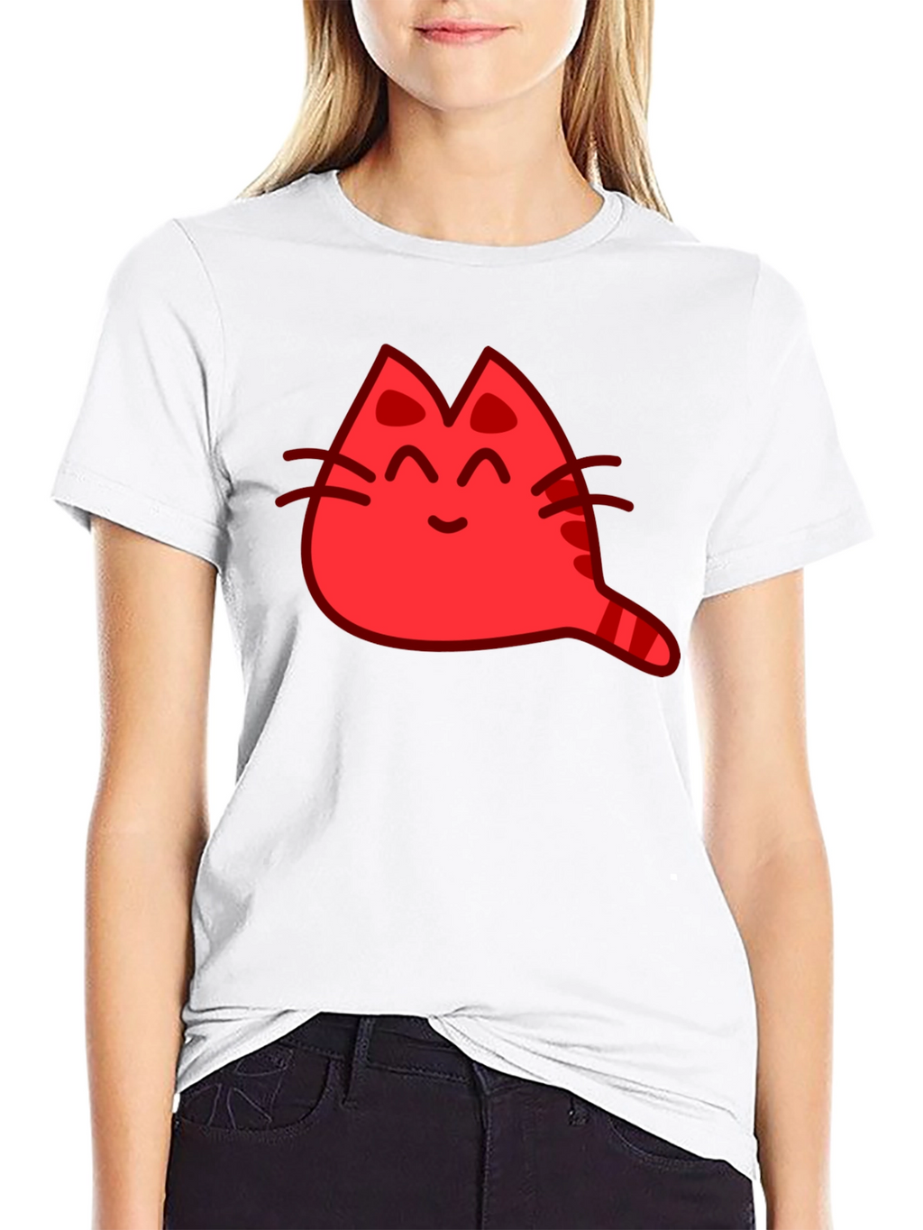 Red Cat Cartoon Graphic Black T-Shirt