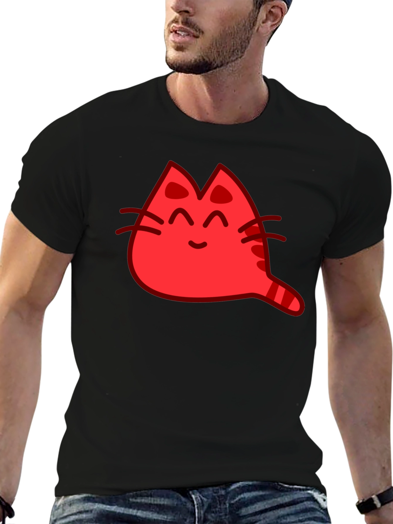 Red Cat Cartoon Graphic Black T-Shirt