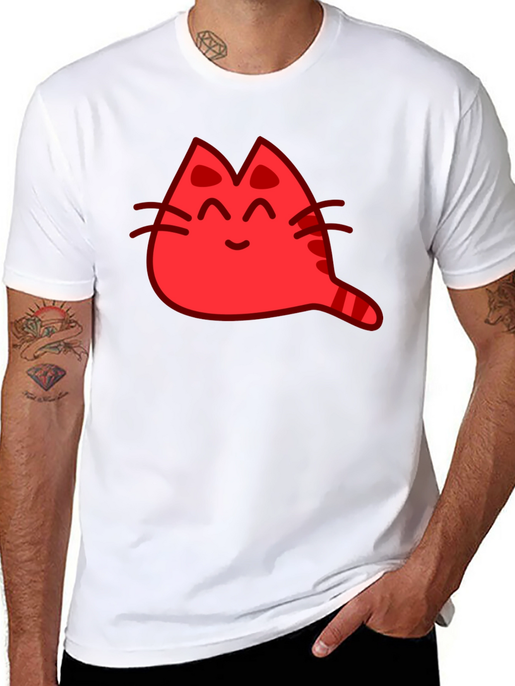 Red Cat Cartoon Graphic Black T-Shirt