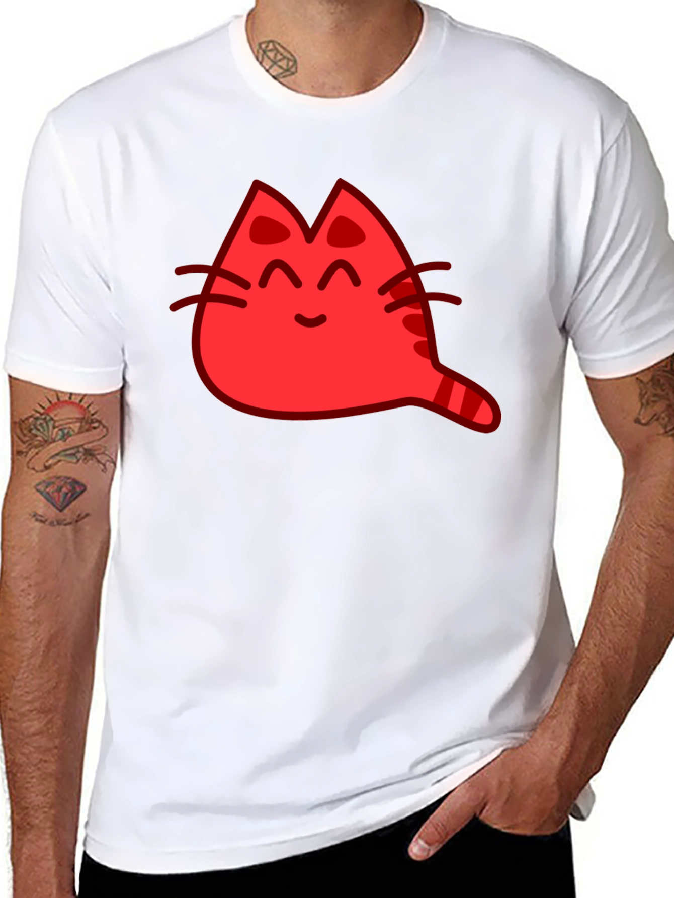 Red Cat Cartoon Graphic Black T-Shirt