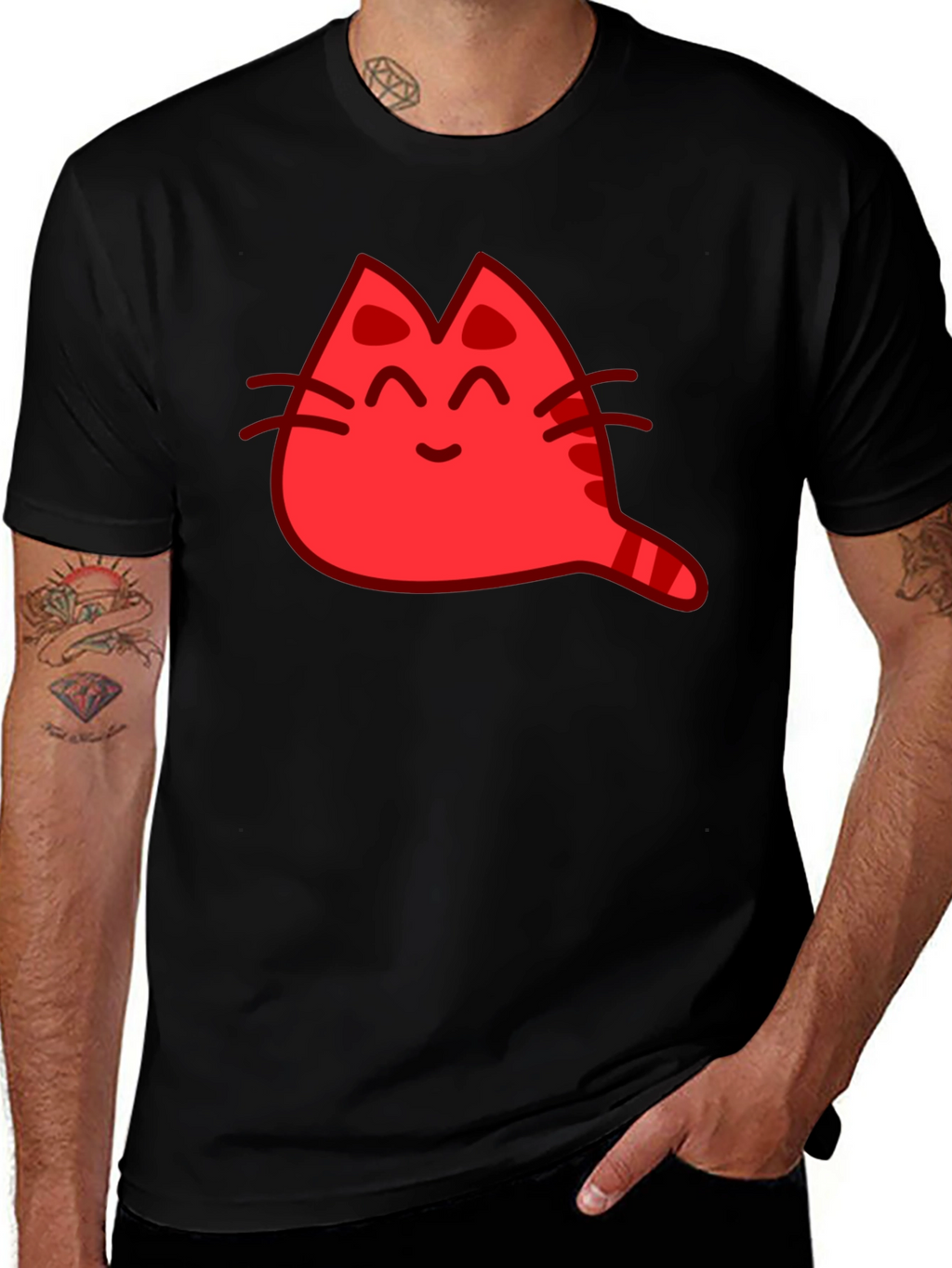 Red Cat Cartoon Graphic Black T-Shirt