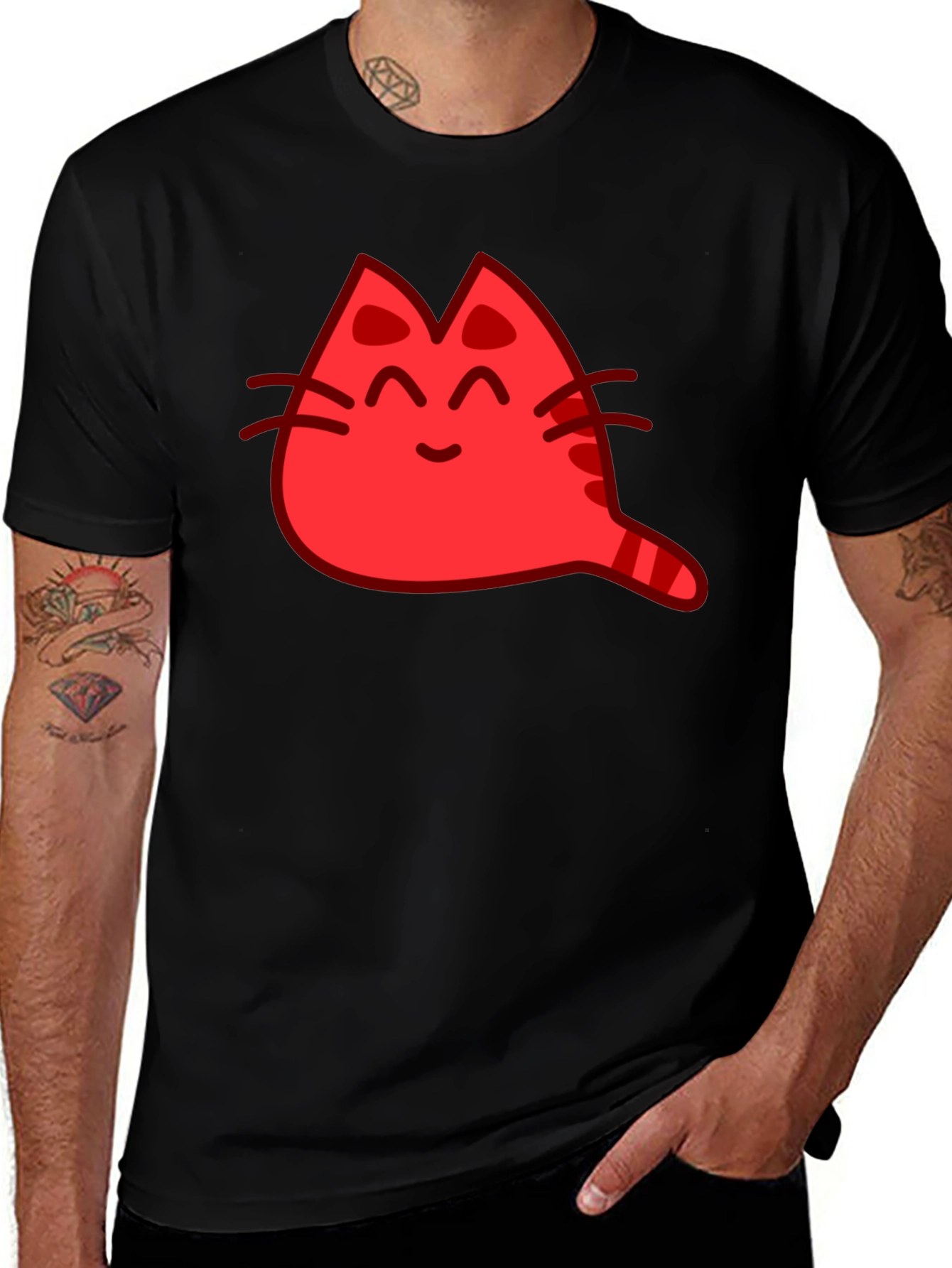 Red Cat Cartoon Graphic Black T-Shirt