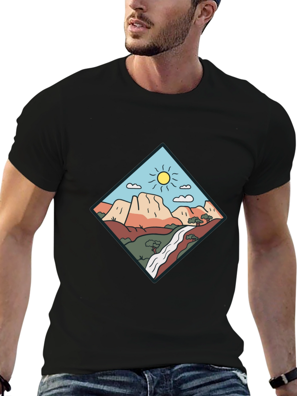 Scenic Mountain Graphic Tee - Black Cotton T-Shirt