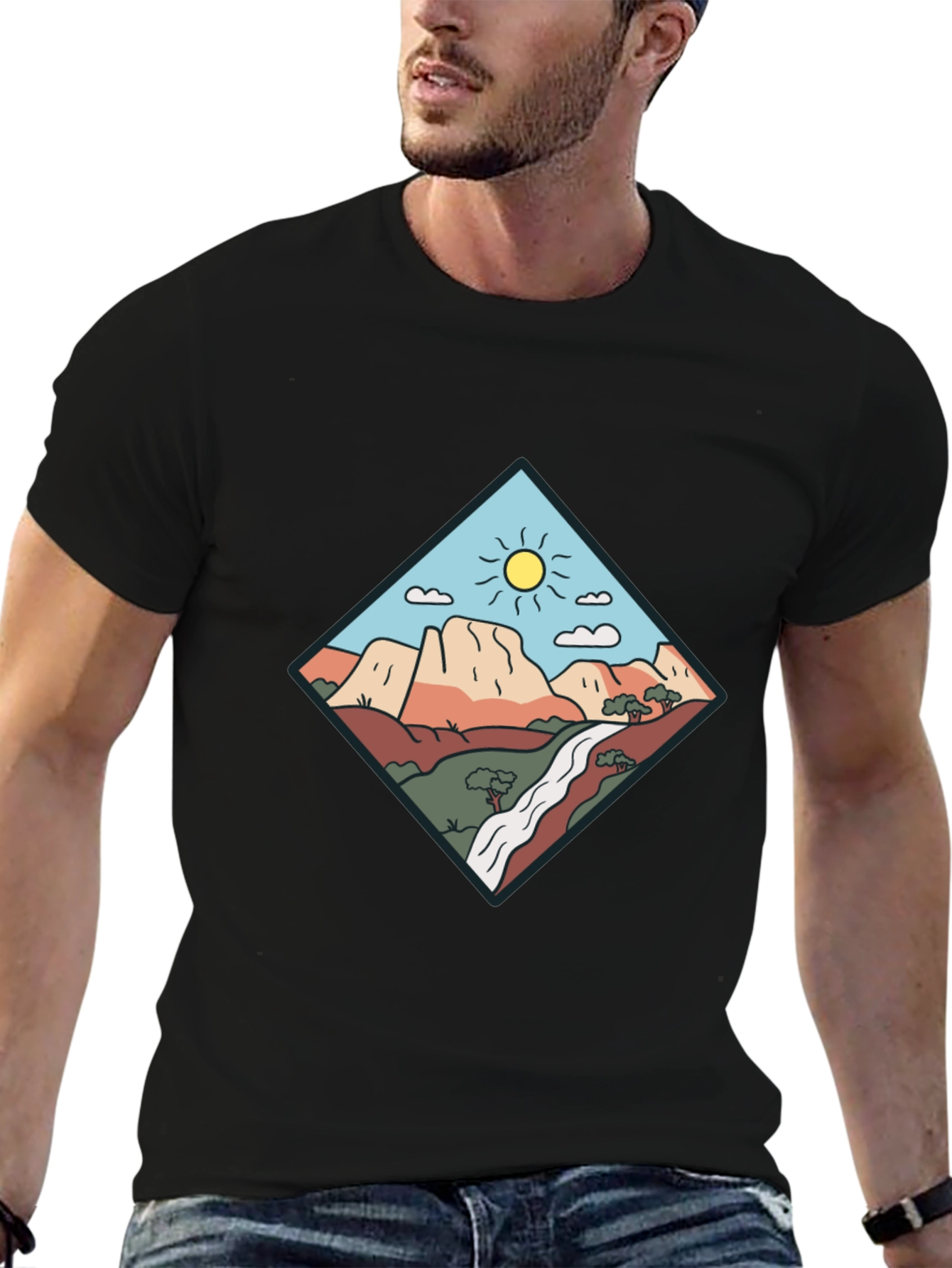 Scenic Mountain Graphic Tee - Black Cotton T-Shirt