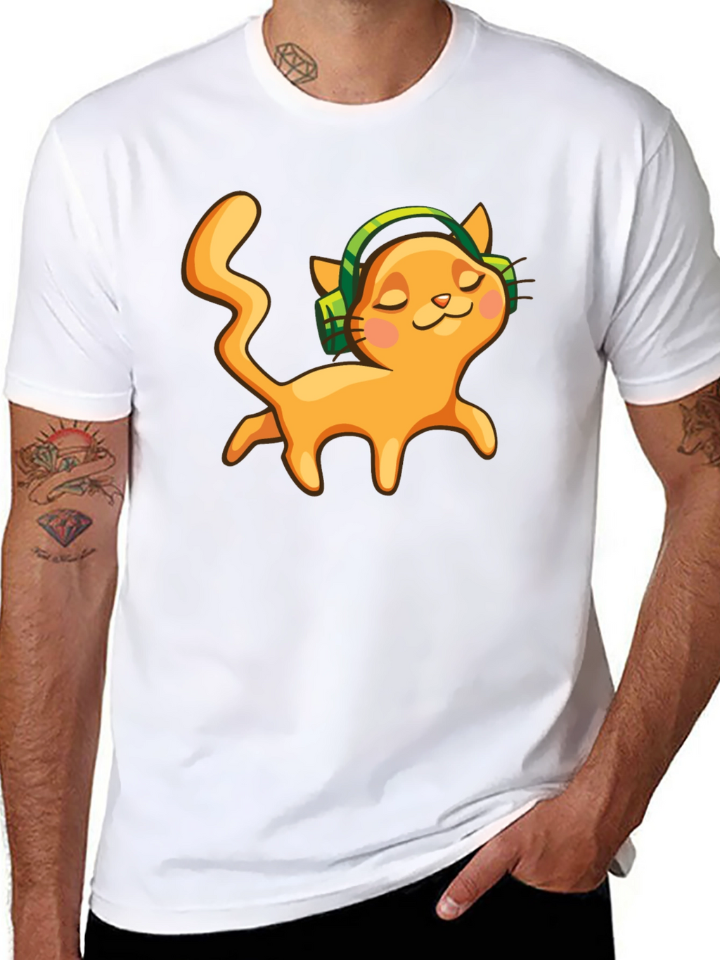 Cat with Headphones Black Graphic Tee