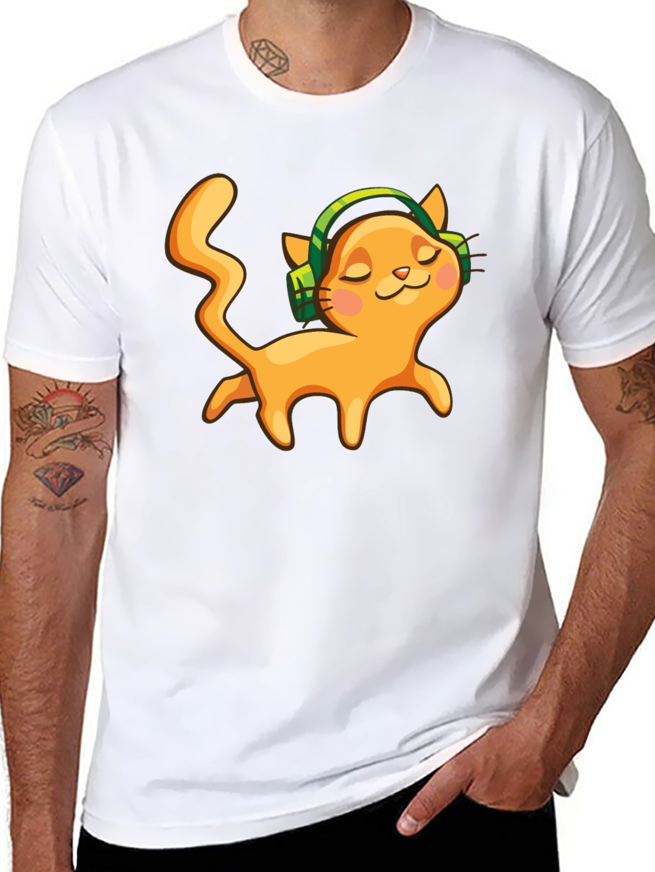 Cat with Headphones Black Graphic Tee